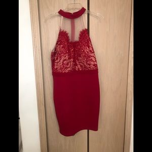 High neck red lace dress
